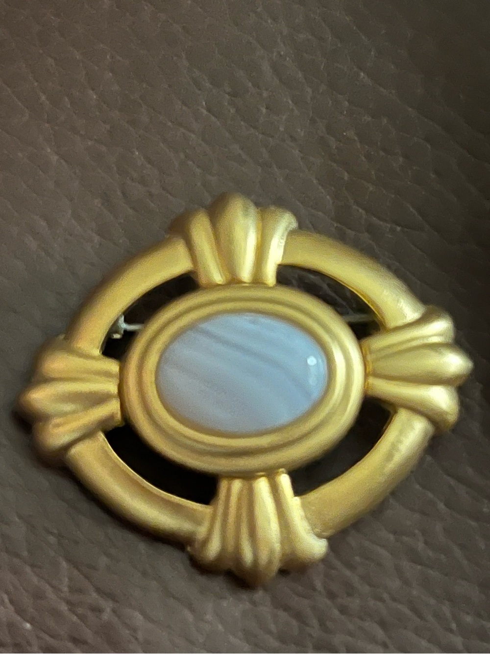 Vintage JM Signed Gold Blue Lace Agate Brooch - Genuine Stone